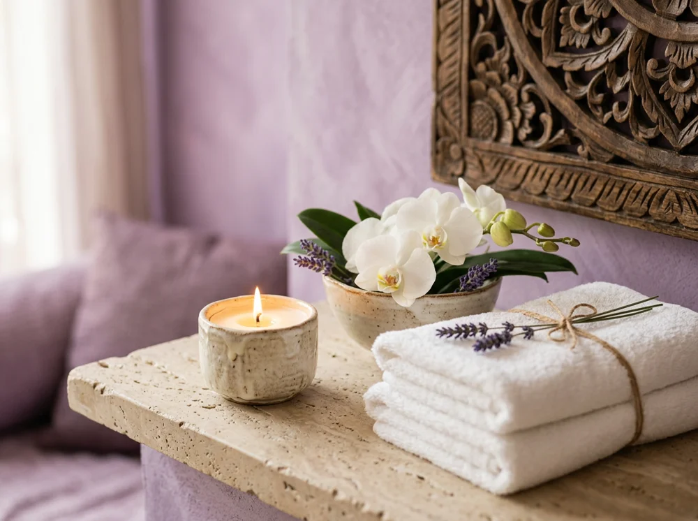 A peaceful spa setting with warm candlelight